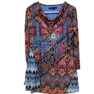 Calessa Womens Tunic S Blue Cowlneck 3/4 Sleeve Crocheted Patchwork Paisley